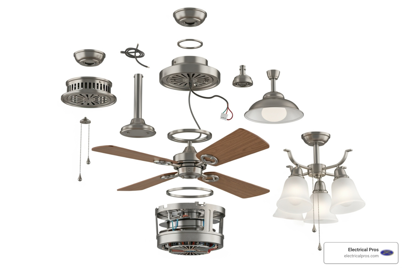 exploded view of a ceiling fan with all major components labeled - ceiling fan installation in gainesville, ga