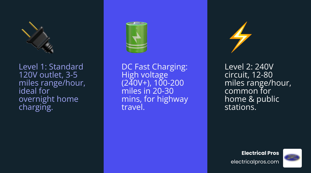 Infographic showing three levels of EV charging: Level 1 uses standard 120V outlet with 3-5 miles of range per hour for overnight charging; Level 2 uses 240V circuit with 12-80 miles of range per hour for home and public stations; DC Fast Charging delivers 240V+ high voltage with 100-200 miles in 20-30 minutes for highway travel - affordable ev charging stations in hoschton, ga infographic 3_facts_emoji_blue Infographic showing three levels of EV charging: Level 1 uses standard 120V outlet with 3-5 miles of range per hour for overnight charging; Level 2 uses 240V circuit with 12-80 miles of range per hour for home and public stations; DC Fast Charging delivers 240V+ high voltage with 100-200 miles in 20-30 minutes for highway travel - affordable ev charging stations in hoschton, ga infographic 3_facts_emoji_blue