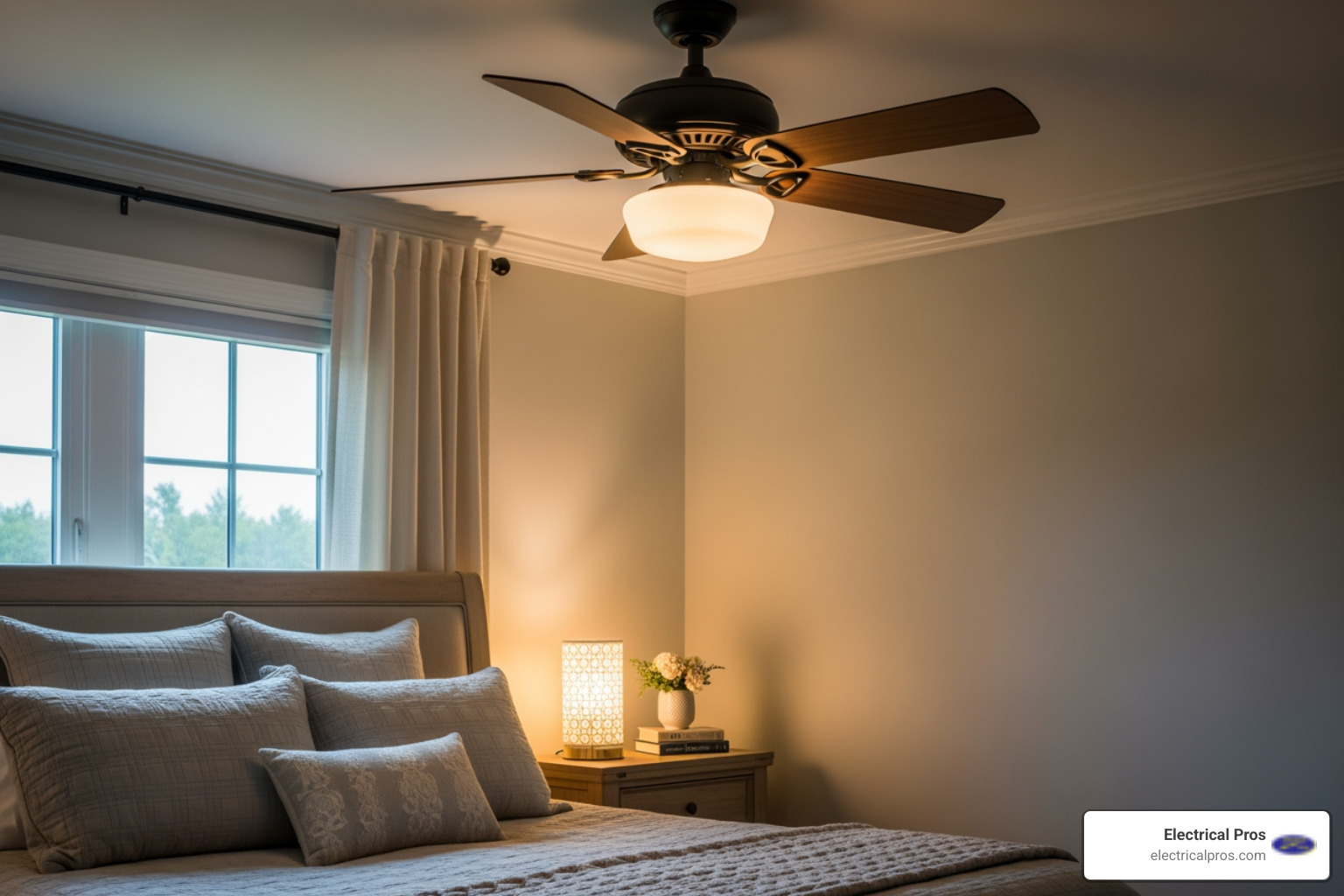 a ceiling fan with an integrated light kit illuminating a cozy bedroom - ceiling fan installation in gainesville, ga