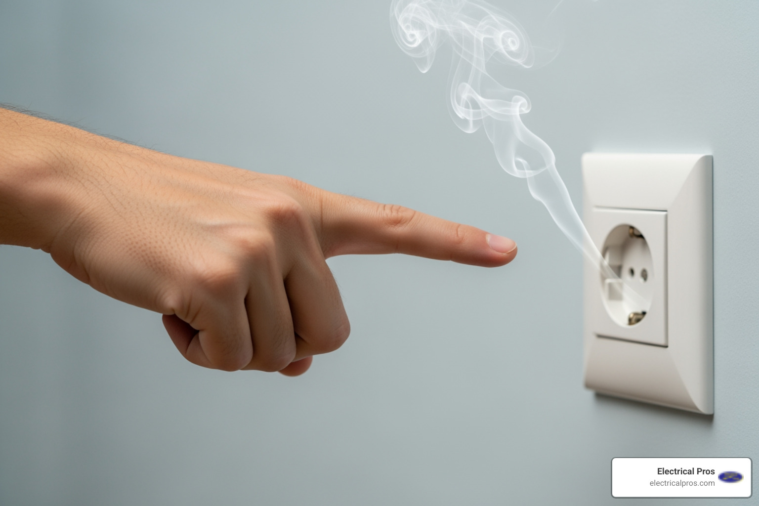 hand cautiously pointing to a smoking wall outlet - 24 hour electrical troubleshooting and repairs in auburn, ga hand cautiously pointing to a smoking wall outlet - 24 hour electrical troubleshooting and repairs in auburn, ga