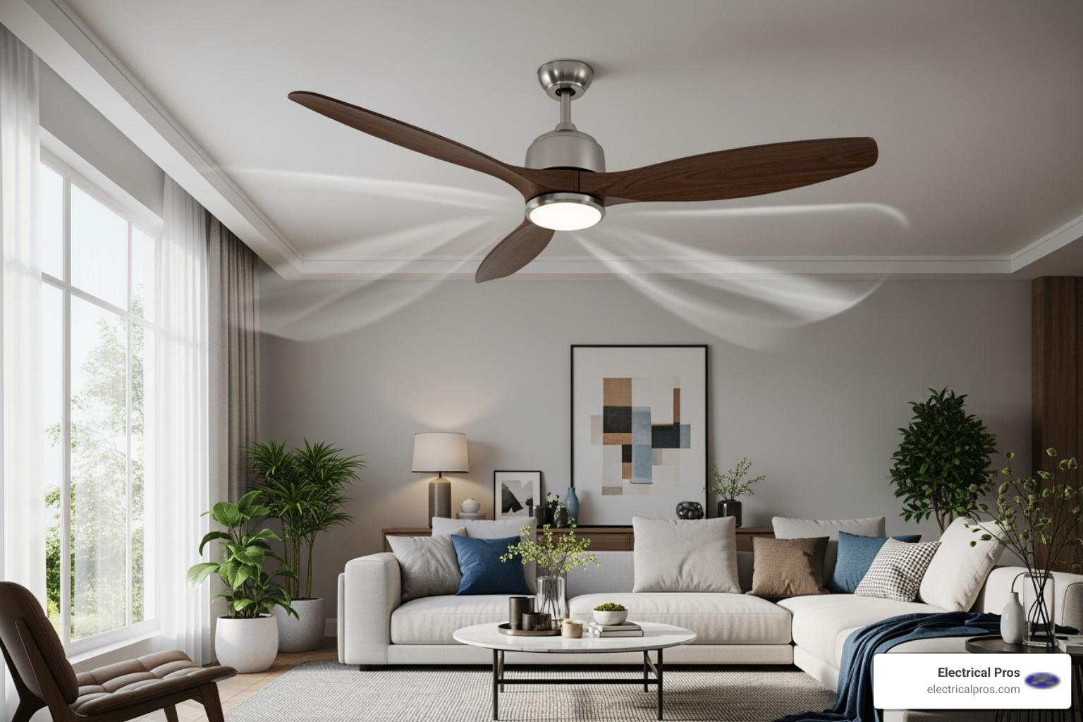 Infographic showing how ceiling fans work: in summer mode, blades rotate counterclockwise to create a downdraft that produces a cooling breeze, while in winter mode, blades rotate clockwise to create an updraft that circulates warm air trapped near the ceiling back down into the living space - ceiling fan installation in gainesville, ga