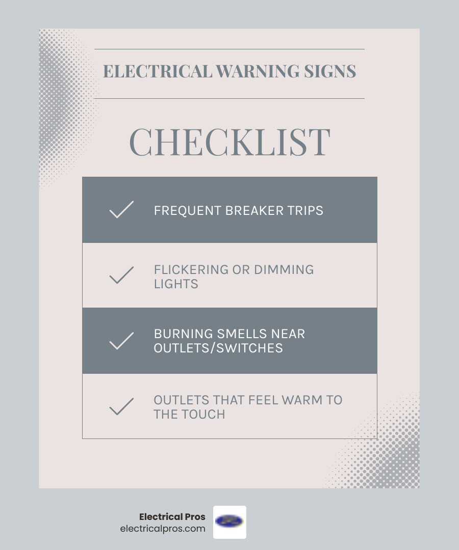 Infographic showing the top 5 warning signs of electrical problems: frequent breaker trips, flickering or dimming lights, burning smells near outlets or switches, outlets that feel warm to the touch, and buzzing sounds from electrical components - electrical troubleshooting and repairs in dacula, ga infographic checklist-light-blue-grey