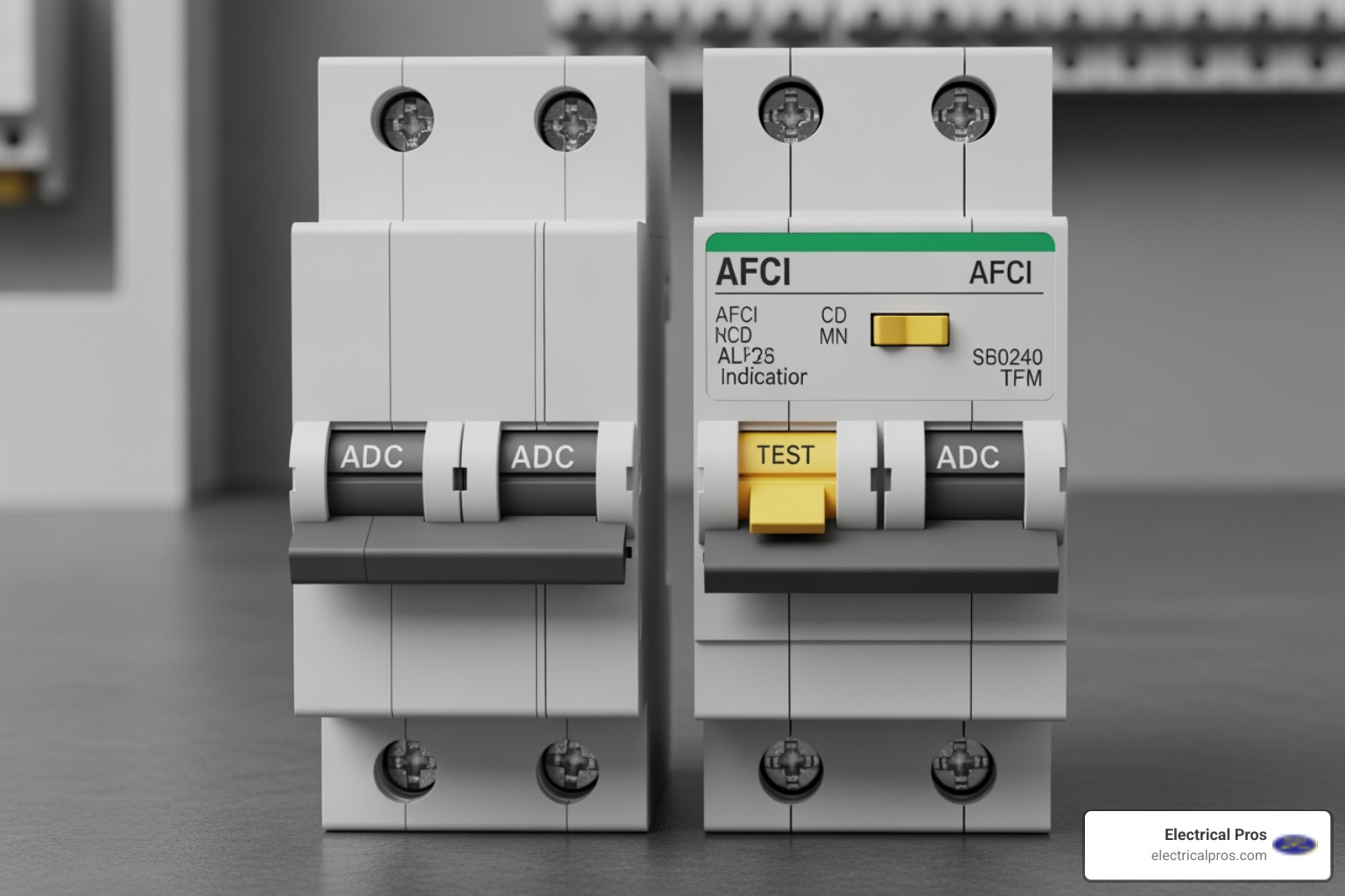 An AFCI breaker next to a standard breaker, highlighting their similar appearance but advanced internal technology - arc fault and fireguard protection systems in jefferson, ga