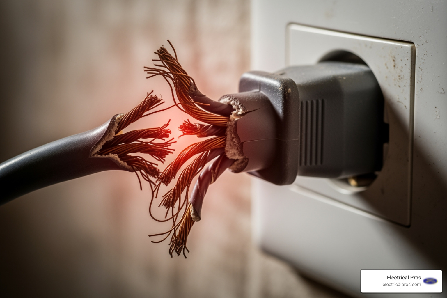 A close-up image of a frayed electrical cord plugged into an outlet, illustrating a potential fire hazard - arc fault and fireguard protection systems in jefferson, ga