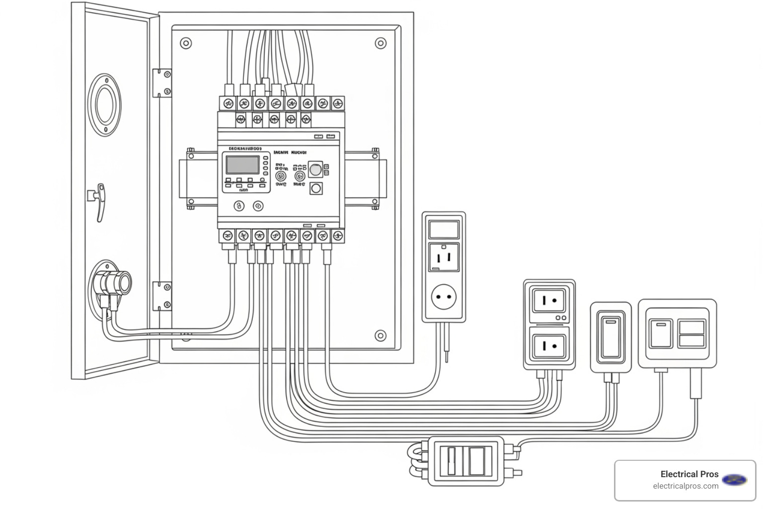infographic showing the path of electricity from the utility grid through the main disconnect, electrical panel with circuit breakers, through branch circuits to various devices like outlets and switches, with callouts highlighting safety features like GFCI outlets in bathrooms and AFCI protection in bedrooms - devices and disconnects in braselton, ga infographic showing the path of electricity from the utility grid through the main disconnect, electrical panel with circuit breakers, through branch circuits to various devices like outlets and switches, with callouts highlighting safety features like GFCI outlets in bathrooms and AFCI protection in bedrooms - devices and disconnects in braselton, ga
