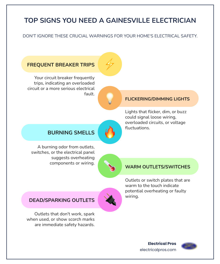 Infographic showing the top 5 signs you need an electrician in Gainesville: frequent circuit breaker trips, flickering or dimming lights, burning smells near outlets or panels, warm switch plates or outlets, and outlets that don't work or spark when used - electrical troubleshooting and repairs in gainesville, ga infographic infographic-line-5-steps-colors Infographic showing the top 5 signs you need an electrician in Gainesville: frequent circuit breaker trips, flickering or dimming lights, burning smells near outlets or panels, warm switch plates or outlets, and outlets that don't work or spark when used - electrical troubleshooting and repairs in gainesville, ga infographic infographic-line-5-steps-colors