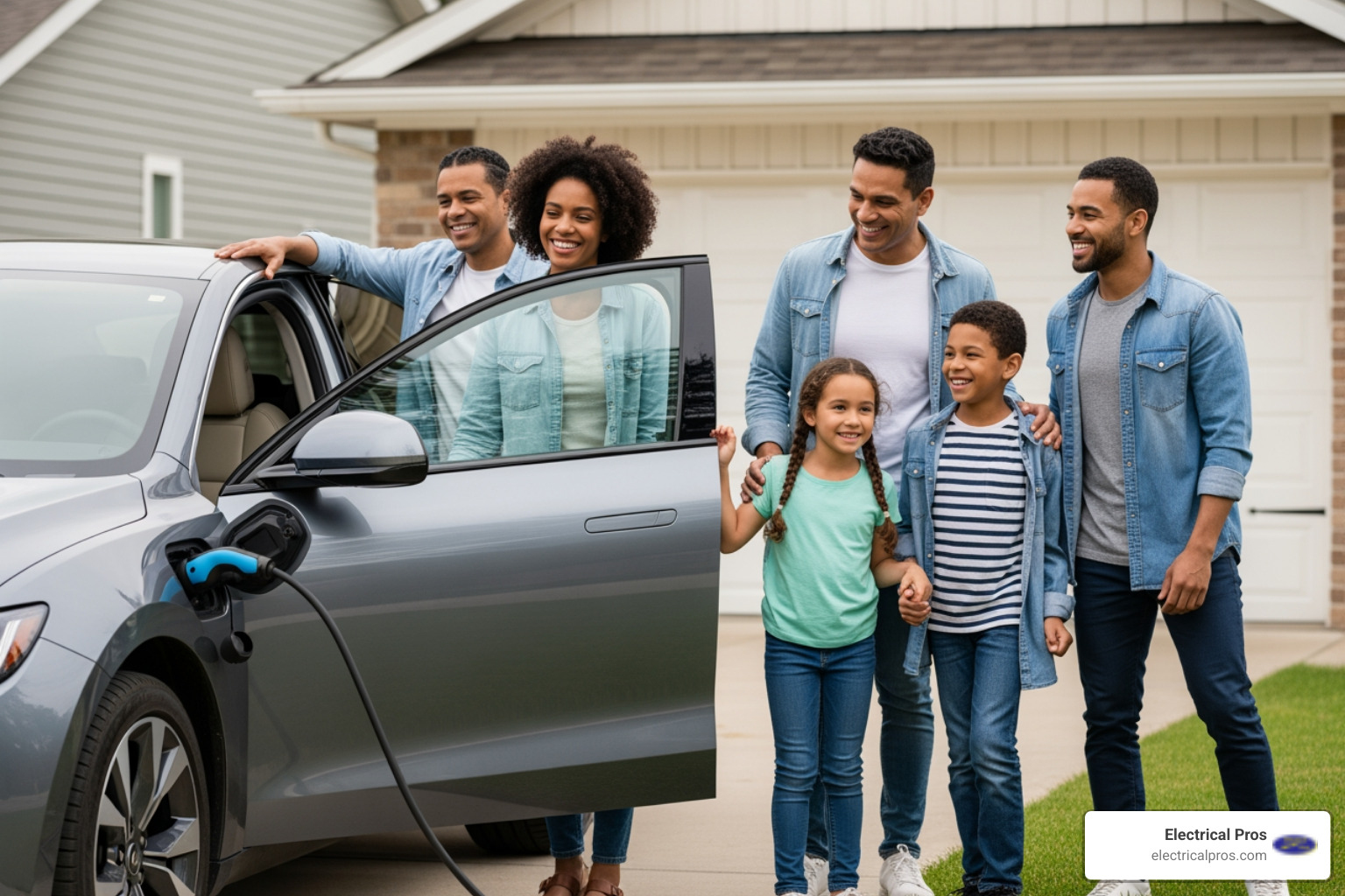 happy family getting into their fully charged EV in their driveway - home ev charging stations in jefferson, ga happy family getting into their fully charged EV in their driveway - home ev charging stations in jefferson, ga