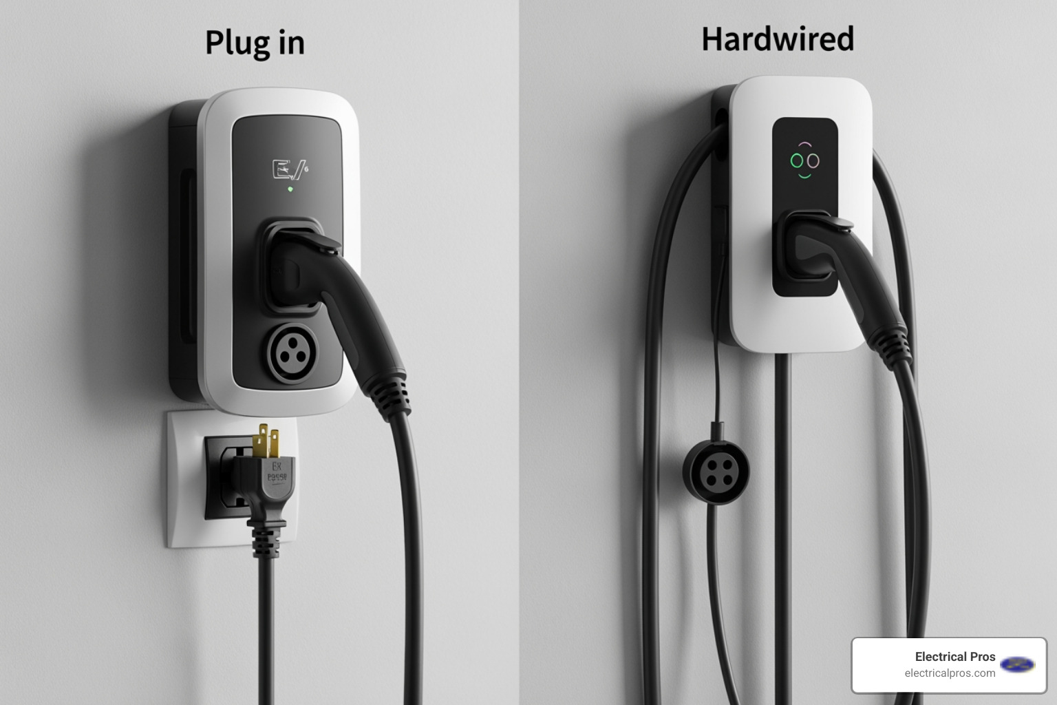 two different types of EV chargers side-by-side, one plug-in and one hardwired - home ev charging stations in jefferson, ga two different types of EV chargers side-by-side, one plug-in and one hardwired - home ev charging stations in jefferson, ga