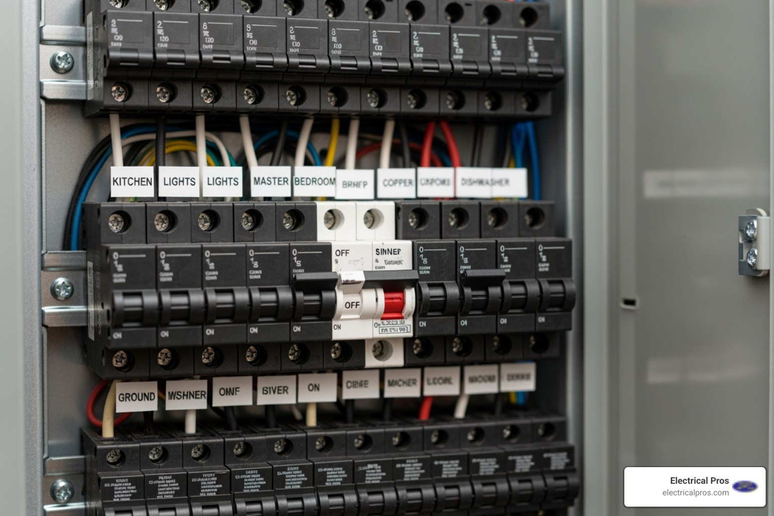 circuit breaker panel with one breaker switched off - 24 hour electrical troubleshooting and repairs in auburn, ga circuit breaker panel with one breaker switched off - 24 hour electrical troubleshooting and repairs in auburn, ga