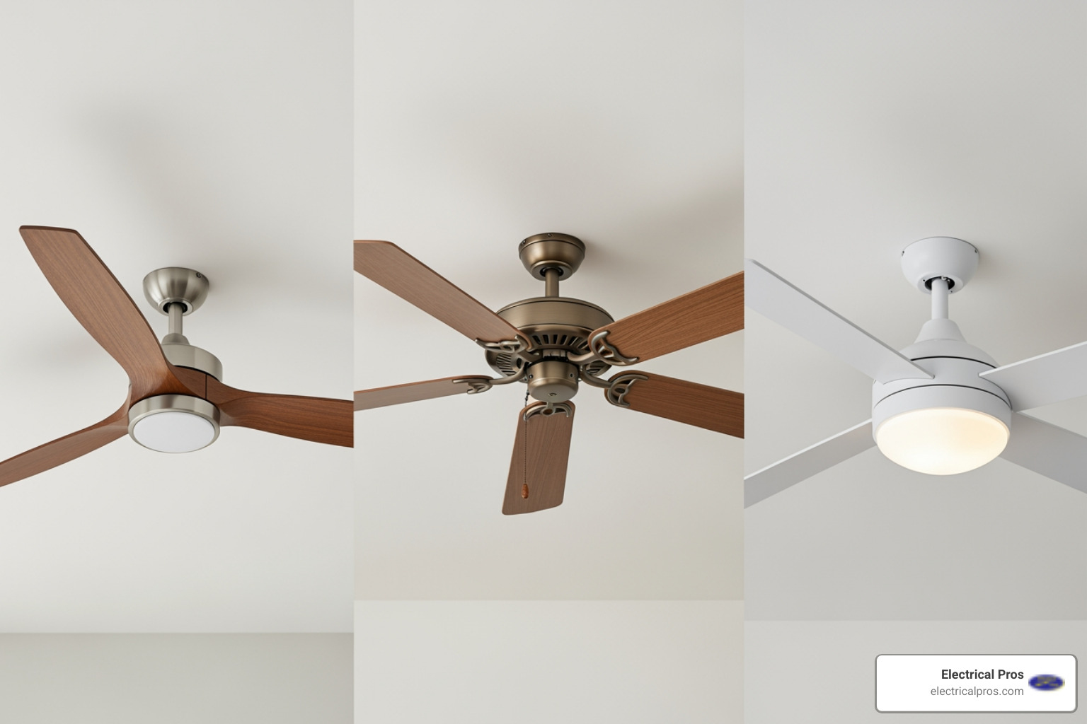 Different ceiling fan styles: low-profile, standard, and one with an integrated light kit - ceiling fan installation in flowery branch, ga