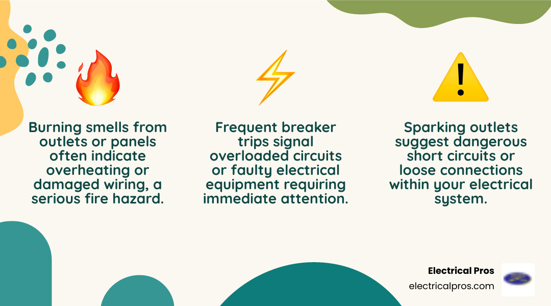 Infographic showing the top 3 signs of an electrical emergency: burning smells from outlets or panels indicating overheating or damaged wiring, sparking outlets suggesting dangerous short circuits or loose connections, and frequent breaker trips signaling overloaded circuits or faulty equipment - emergency electrical troubleshooting and repairs in buford, ga infographic 3_facts_emoji_nature Infographic showing the top 3 signs of an electrical emergency: burning smells from outlets or panels indicating overheating or damaged wiring, sparking outlets suggesting dangerous short circuits or loose connections, and frequent breaker trips signaling overloaded circuits or faulty equipment - emergency electrical troubleshooting and repairs in buford, ga infographic 3_facts_emoji_nature