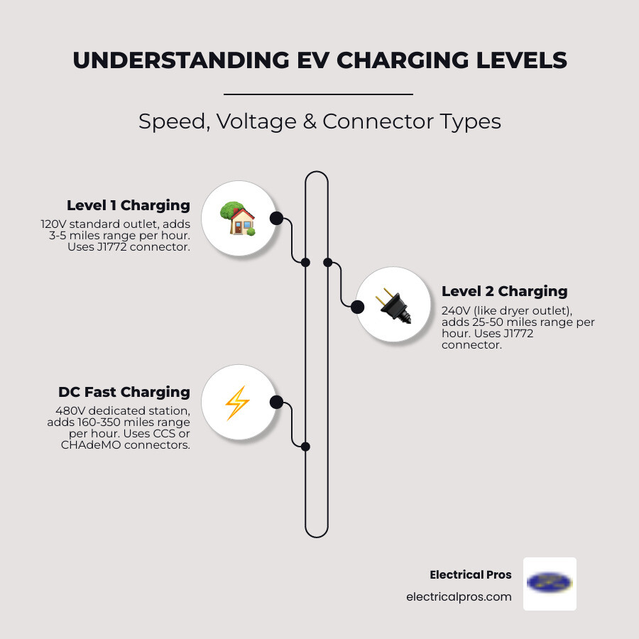 infographic explaining the differences between Level 1 charging at 120V delivering 3-5 miles of range per hour, Level 2 charging at 240V delivering 25-50 miles of range per hour, and DC Fast Charging at 480V delivering 160-350 miles of range per hour, with J1772 connector for Level 1 and 2, and CCS or CHAdeMO connectors for DC Fast Charging - ev charging stations in dacula, ga infographic infographic-line-3-steps-elegant_beige