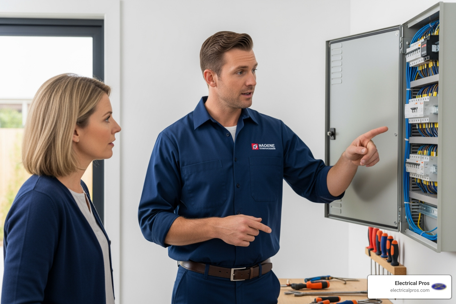 electrician explaining a repair to a homeowner - electrical troubleshooting and repairs in hoschton, ga electrician explaining a repair to a homeowner - electrical troubleshooting and repairs in hoschton, ga