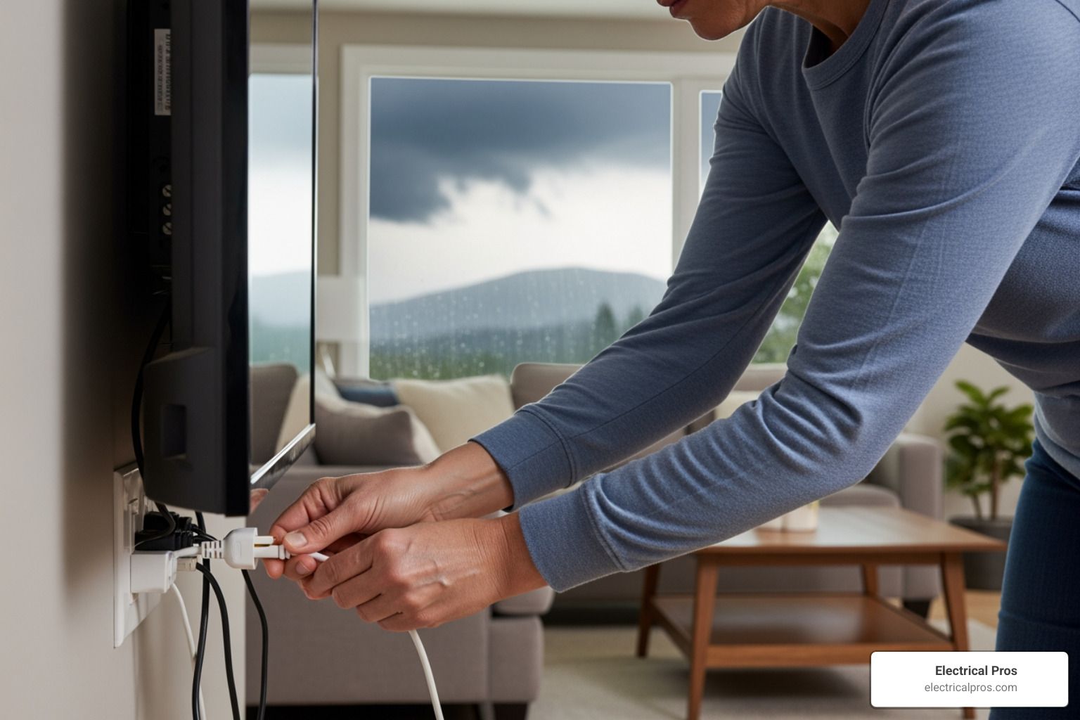 homeowner safely unplugging a television before a storm - 24 hour devices and disconnects in dacula, ga