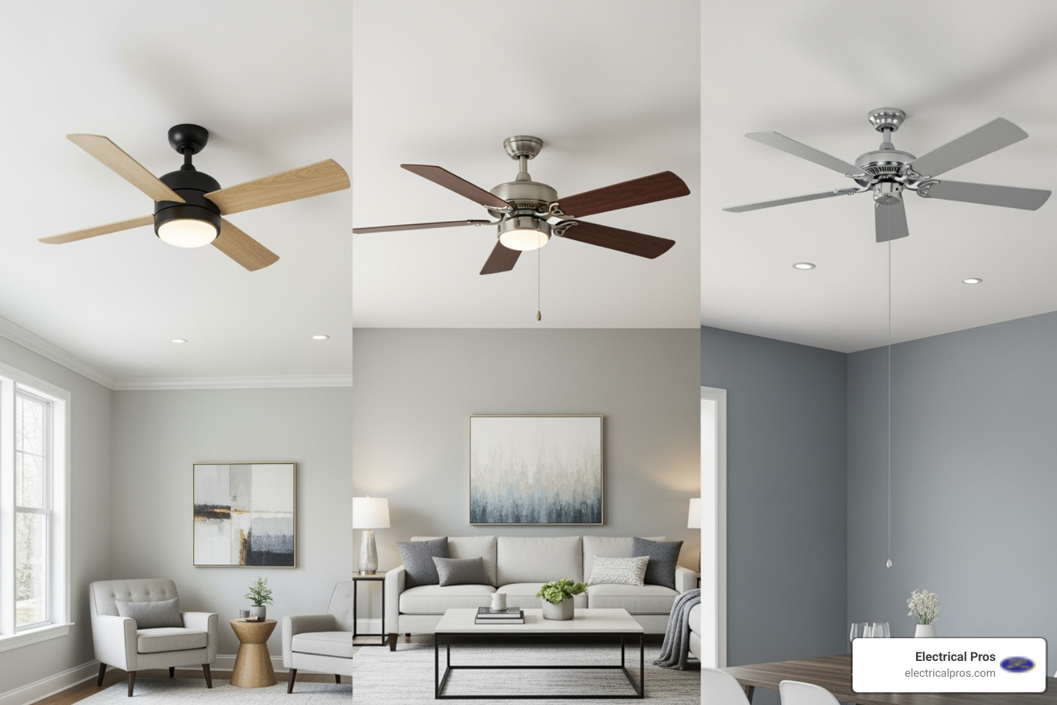 different ceiling fan styles like low-profile, standard, and with a long downrod - ceiling fan installation in sugar hill, ga