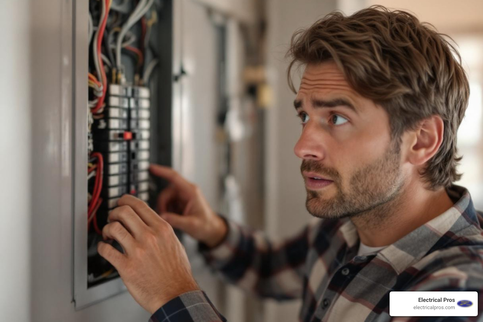 A homeowner looking at a tripped circuit breaker in their electrical panel, with a concerned expression. - affordable electrical troubleshooting and repairs in braselton, ga A homeowner looking at a tripped circuit breaker in their electrical panel, with a concerned expression. - affordable electrical troubleshooting and repairs in braselton, ga
