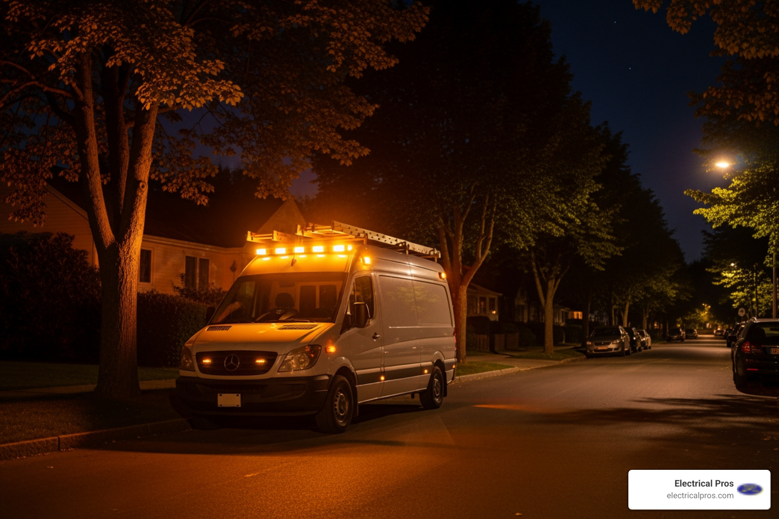 An emergency electrical service van parked at night in a quiet residential neighborhood, with lights on, indicating urgent service. - affordable electrical troubleshooting and repairs in braselton, ga An emergency electrical service van parked at night in a quiet residential neighborhood, with lights on, indicating urgent service. - affordable electrical troubleshooting and repairs in braselton, ga