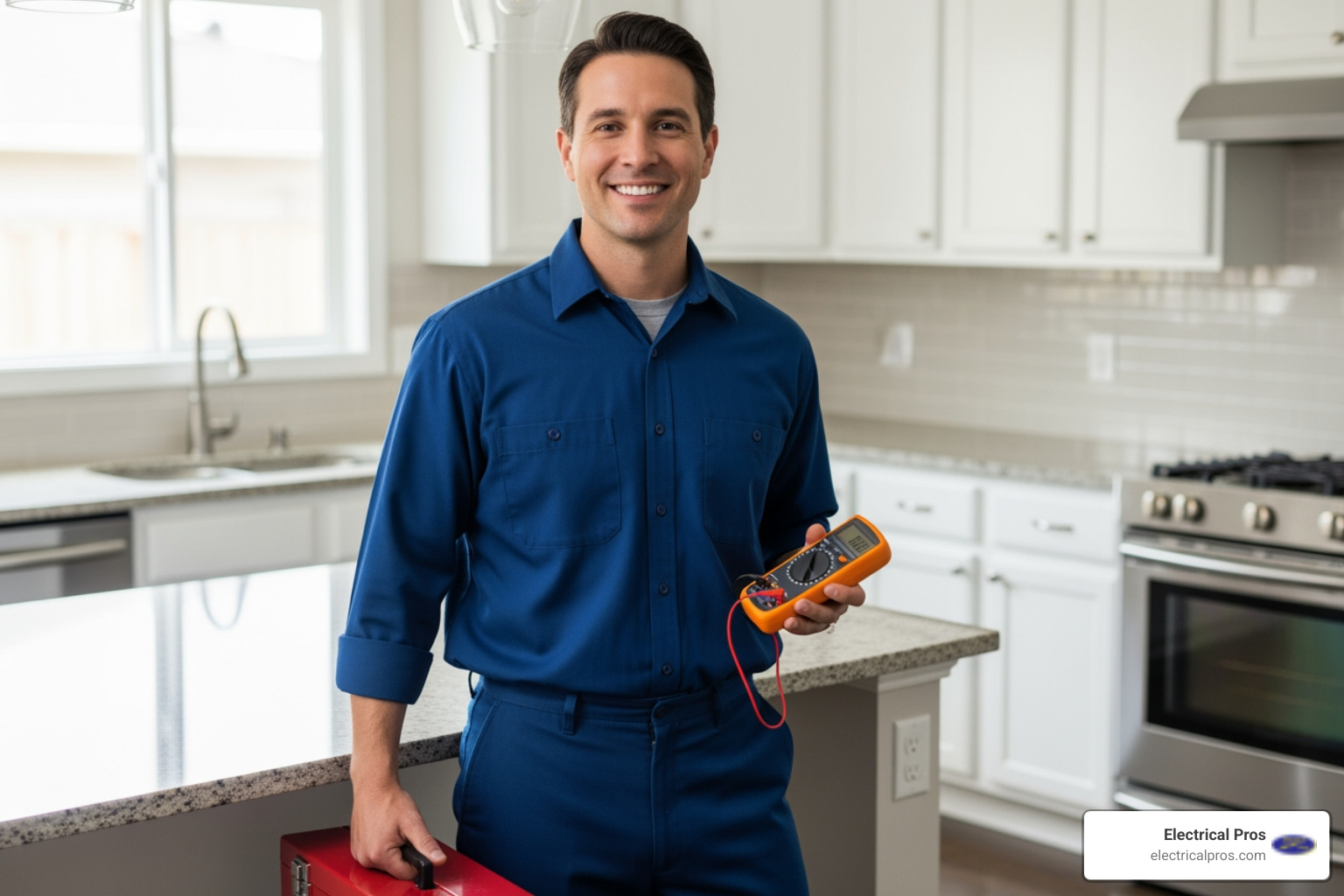 Professional, uniformed electrician with tools - arc fault and fireguard protection systems in dacula, ga Professional, uniformed electrician with tools - arc fault and fireguard protection systems in dacula, ga