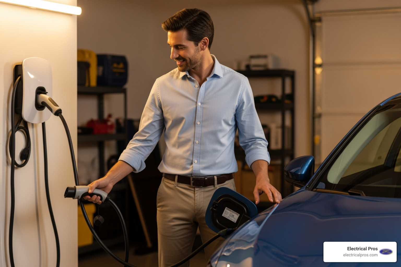 homeowner smiling plugging car - ev charging stations contractors in bethlehem, ga