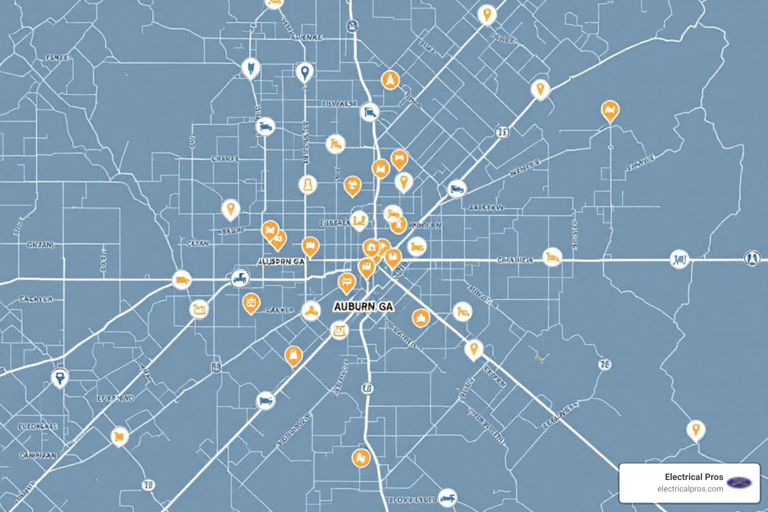 map of Auburn, GA with charging station icons - ev charging stations in auburn, ga