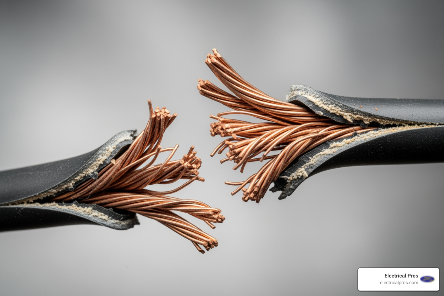 A close-up image of a frayed electrical cord with exposed, damaged wires - arc fault and fireguard protection systems in flowery branch, ga