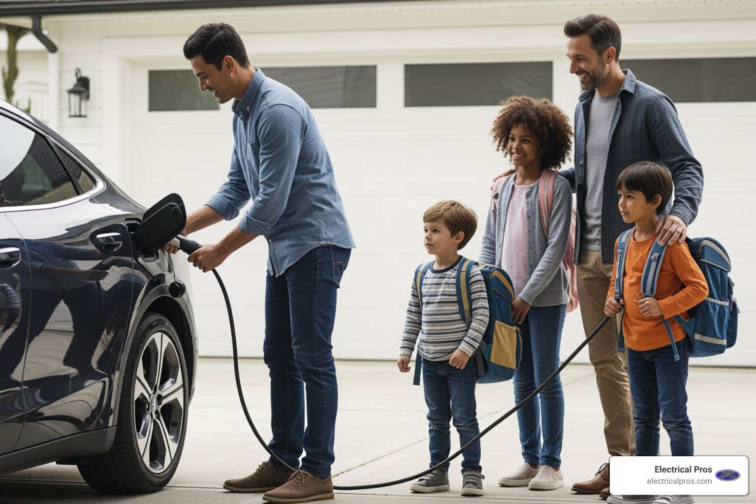 A family unplugging their fully charged EV in the morning before school or work - home ev charging stations in buford, ga A family unplugging their fully charged EV in the morning before school or work - home ev charging stations in buford, ga