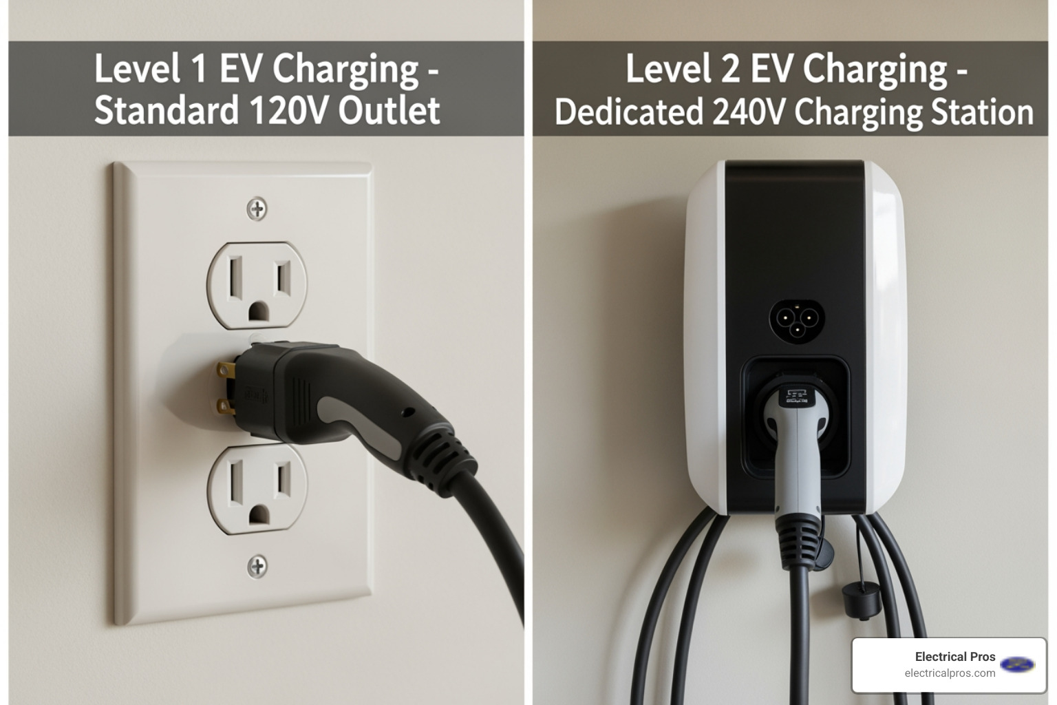 Side-by-side comparison of a standard wall outlet (Level 1) and a dedicated Level 2 charger unit - home ev charging stations in buford, ga Side-by-side comparison of a standard wall outlet (Level 1) and a dedicated Level 2 charger unit - home ev charging stations in buford, ga