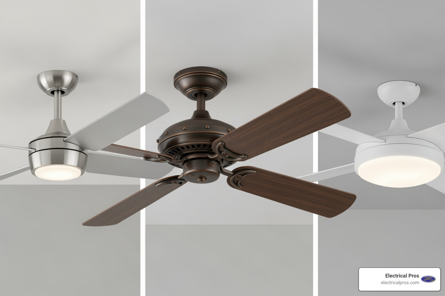 three different ceiling fan styles: modern, rustic, and low-profile - ceiling fan installation in oakwood, ga