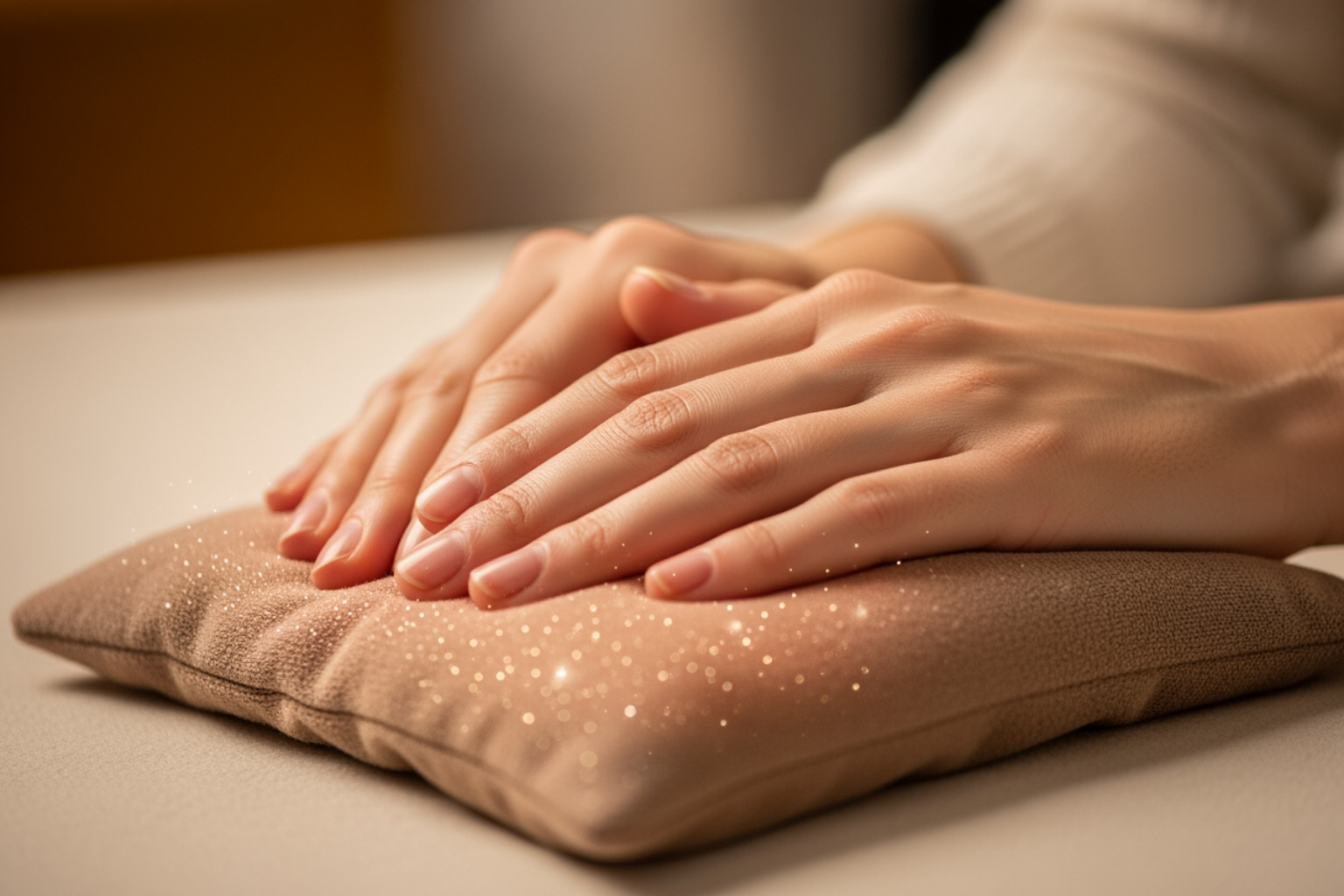 A person's hands are gently resting on a warm, soft heat pack, conveying a sense of relief and comfort. The lighting is soft and warm. - fibromyalgia hand pain