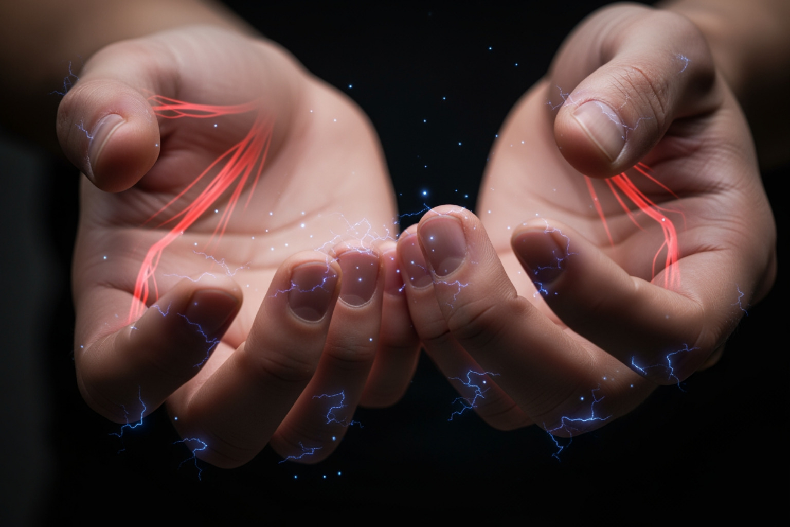 A close-up image of hands experiencing nerve-related sensations, with subtle light effects illustrating tingling and burning. The hands are slightly tensed, conveying discomfort. - fibromyalgia hand pain