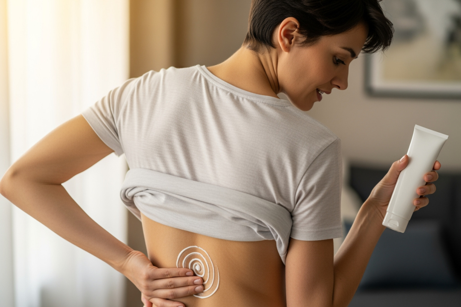 person applying cream to their lower back for pain relief - sports recovery cream