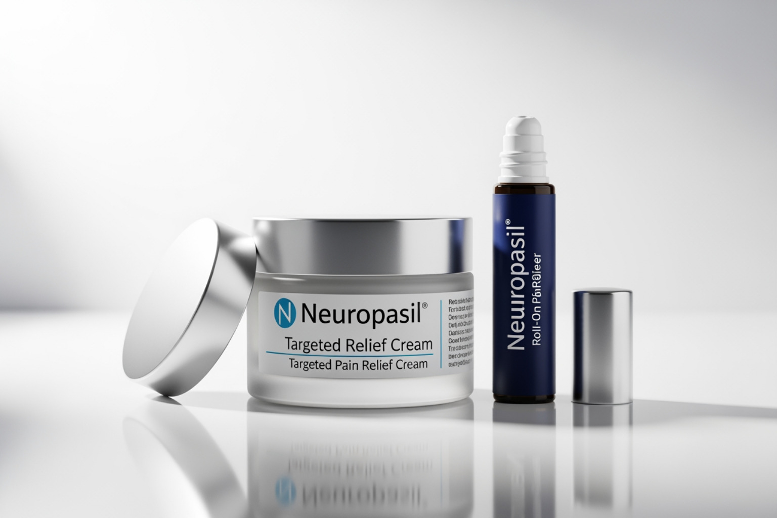 A display of Neuropasil's product line, featuring its signature cream and a roll-on applicator for targeted pain relief - sports recovery cream