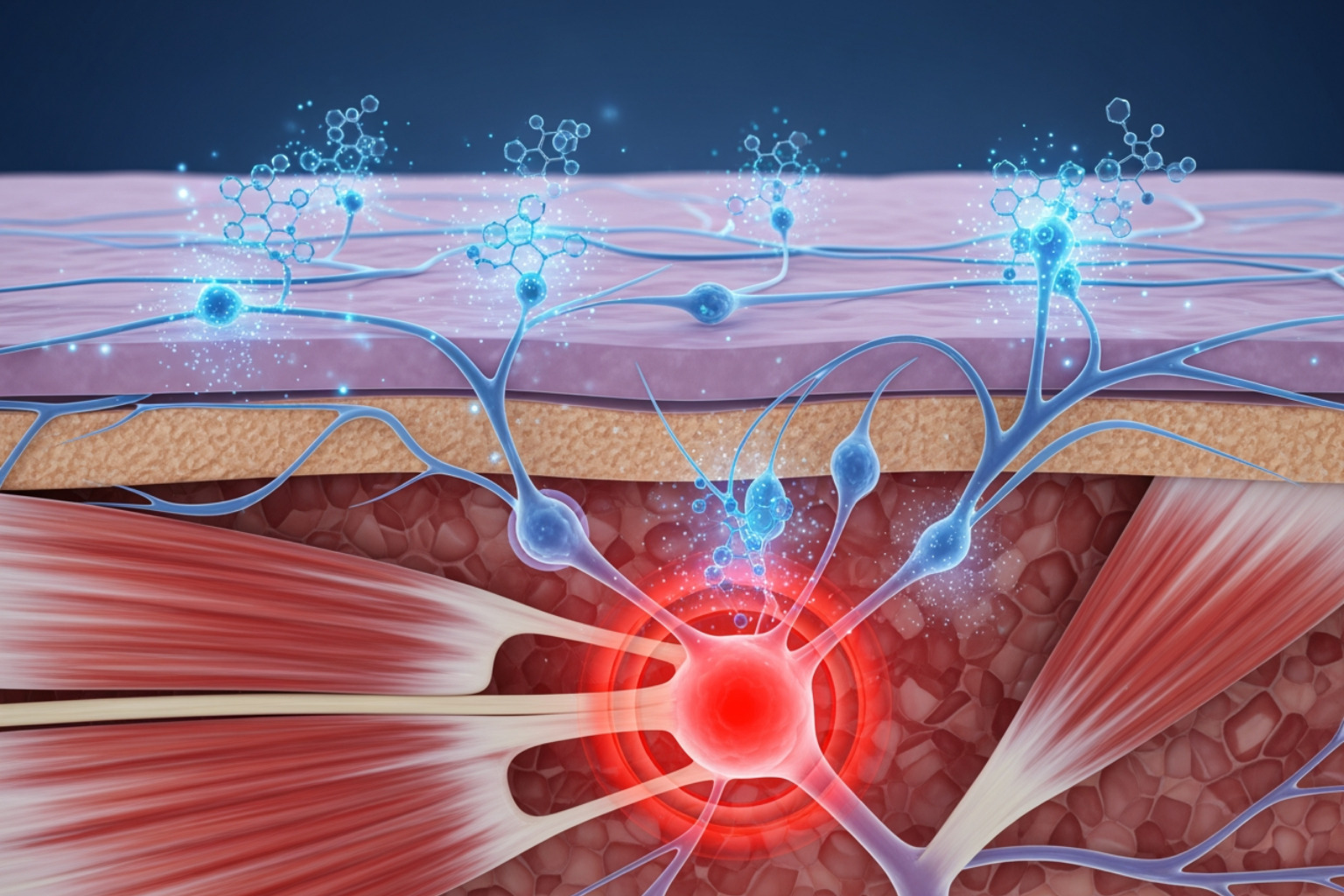 illustration showing menthol molecules creating a cooling sensation on nerve endings, distracting from deeper muscle pain - sports recovery cream