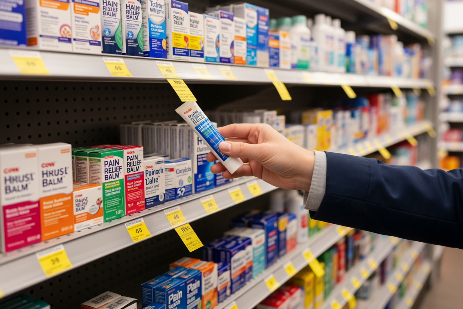 person choosing balm from shelf - pain relief balm person choosing balm from shelf - pain relief balm