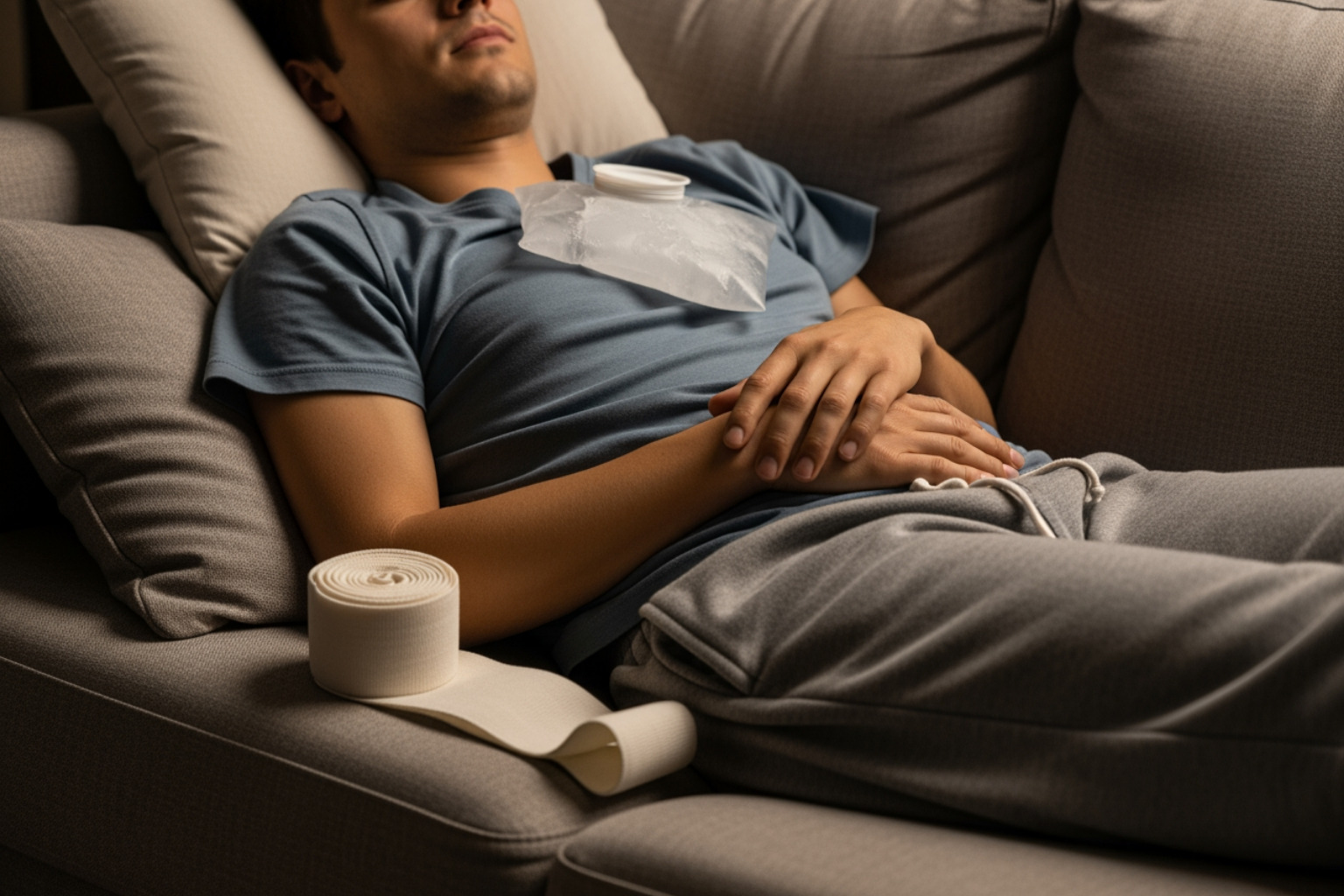 of the RICE method components: a person resting with an ice pack on their chest and an elastic bandage nearby - chest muscle pain relief
