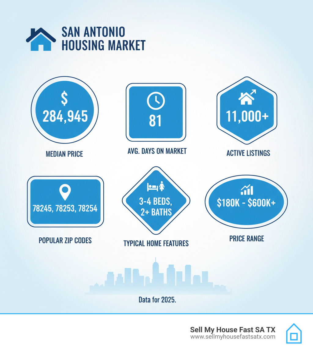 Infographic showing San Antonio housing market statistics - houses in san antonio infographic 