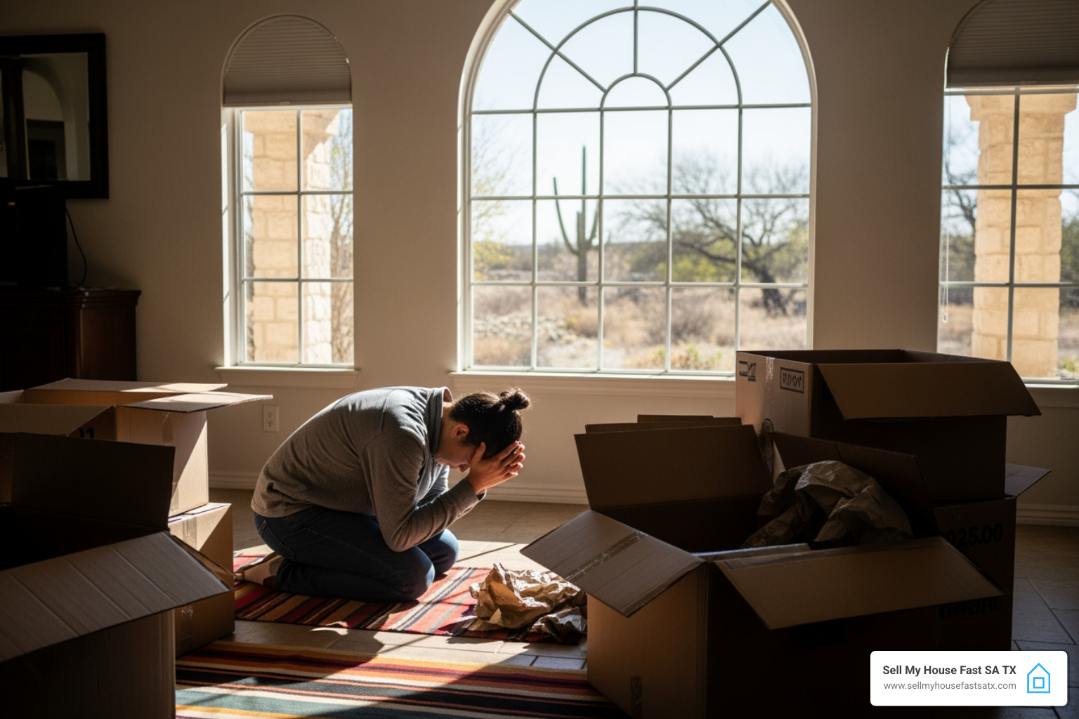 Person praying peacefully in a living room with moving boxes in San Antonio - prayer to sell house