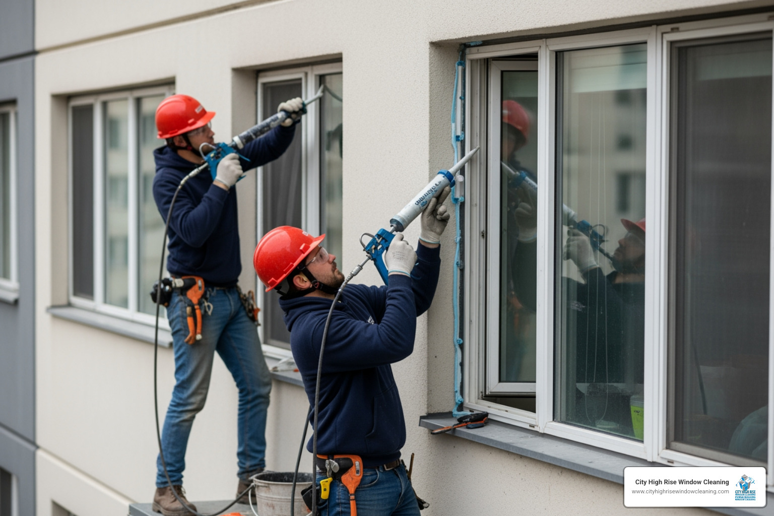 Technicians performing window caulking on a building facade - greater westchester window cleaning Technicians performing window caulking on a building facade - greater westchester window cleaning