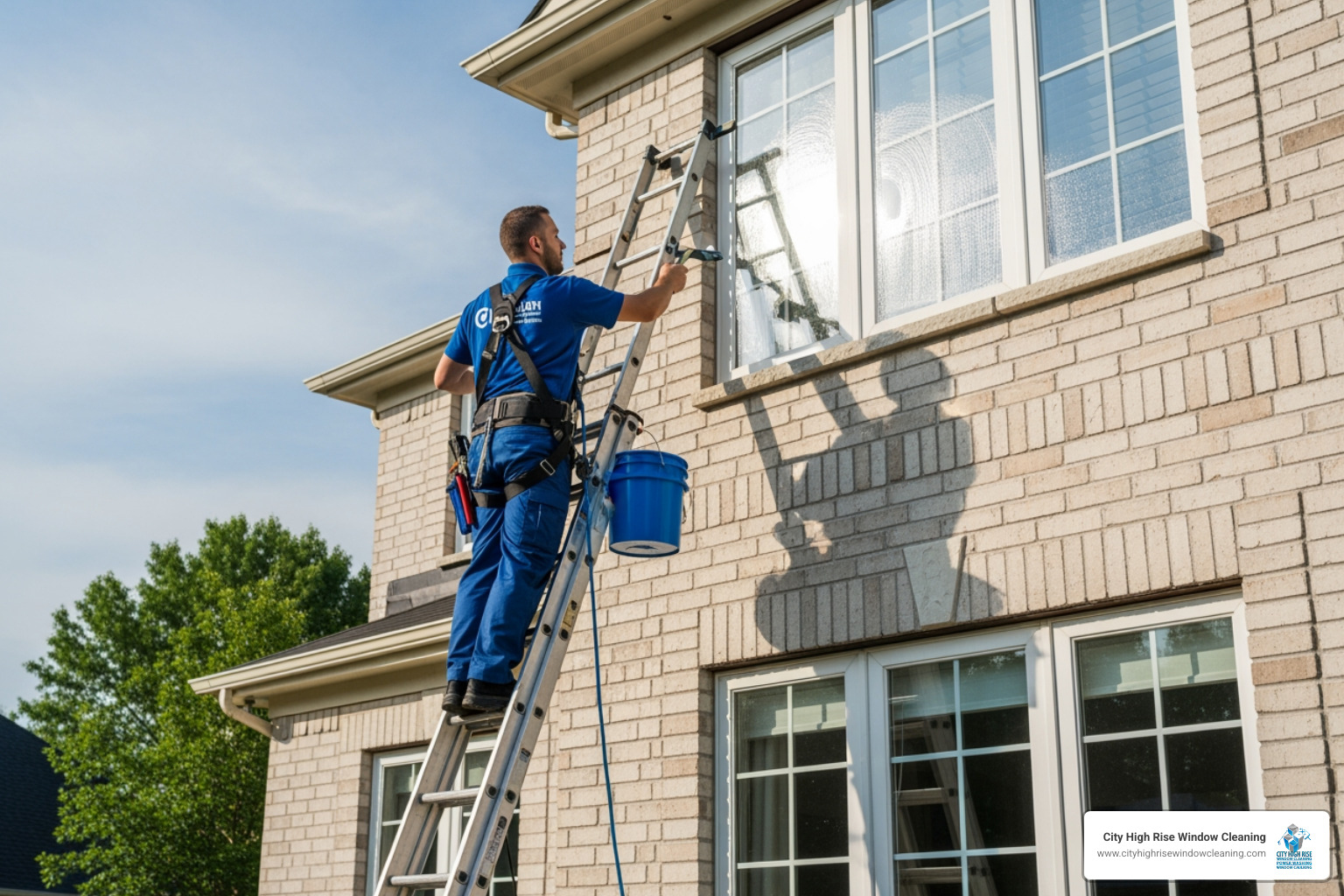 a uniformed technician safely cleaning a second-story window - greater westchester window cleaning a uniformed technician safely cleaning a second-story window - greater westchester window cleaning