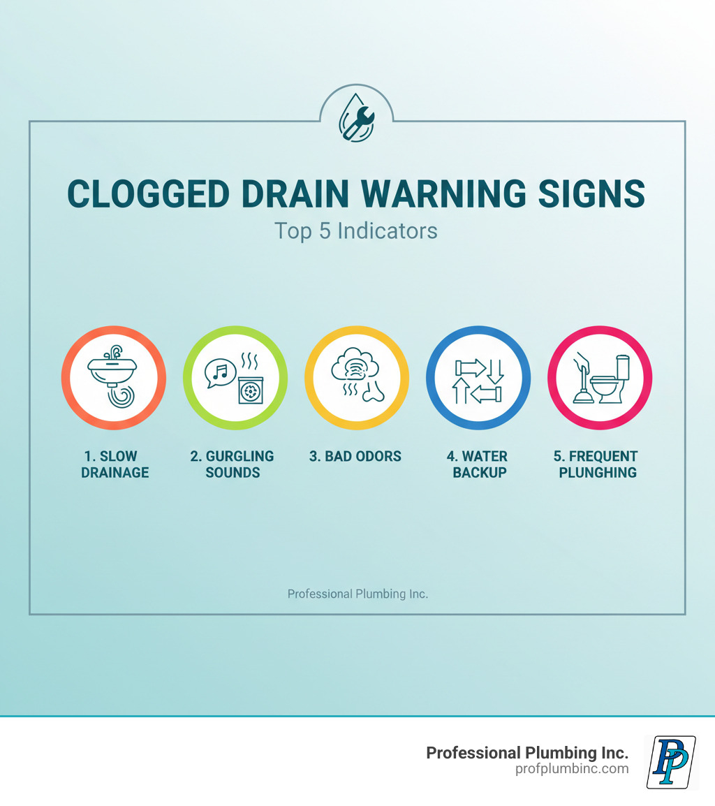 Infographic showing the top 5 warning signs of a clogged drain: 1. Water draining slowly in sinks, tubs, or showers 2. Gurgling sounds coming from drains when water flows 3. Unpleasant sewage or rotten egg odors near drains 4. Water backing up into other fixtures when you use appliances 5. Frequent need to plunge toilets or sinks - clogged drain Costa Mesa CA infographic 