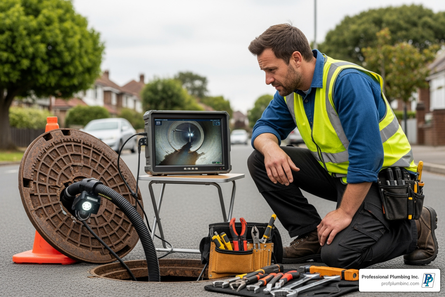 a plumber using a sewer camera on a monitor - clogged drain Costa Mesa CA