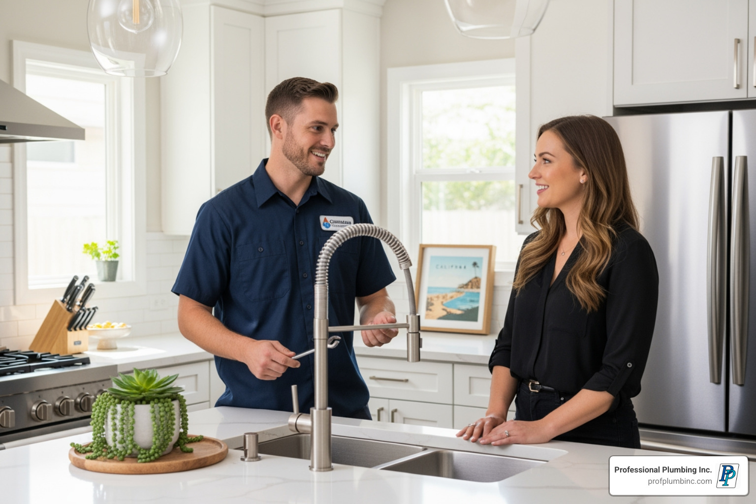 Friendly, Professional Plumbing Inc. technician talking with a homeowner in their kitchen in Fountain Valley, with visible local decor - kitchen plumbing fountain valley