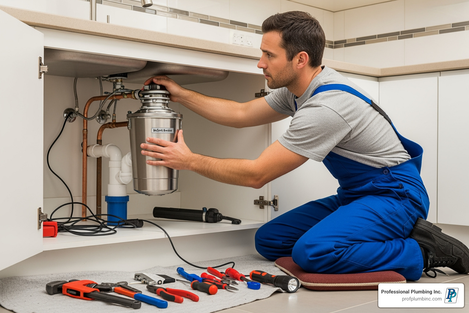 Professional Plumbing Inc. technician installing a new garbage disposal under a kitchen sink in a Fountain Valley home - kitchen plumbing fountain valley