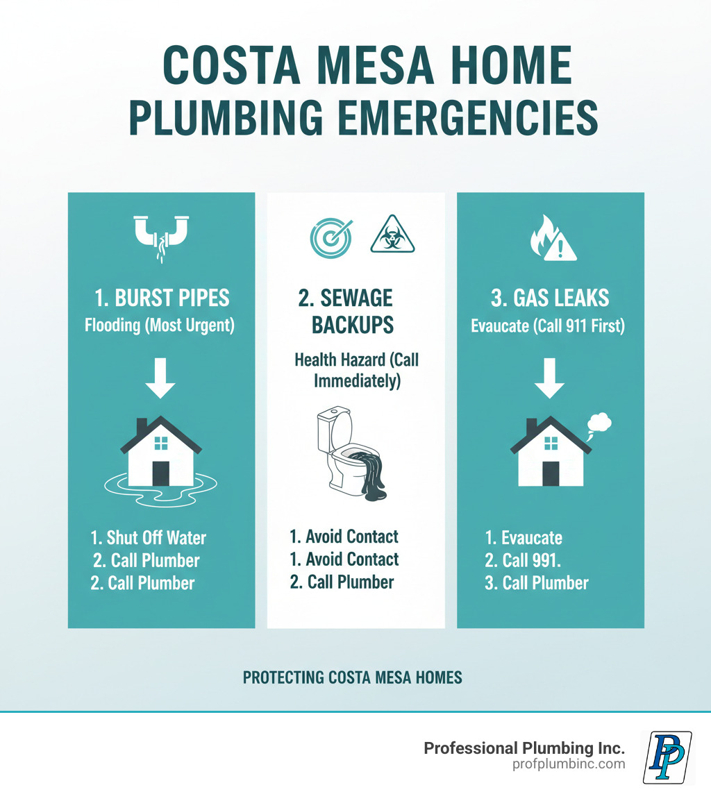 Infographic showing the top 3 emergency plumbing scenarios in Costa Mesa homes: burst pipes causing flooding (most urgent), sewage backups creating health hazards (call immediately), and gas leaks requiring evacuation (call 911 first, then plumber), with action steps for each - emergency plumbing costa mesa infographic 