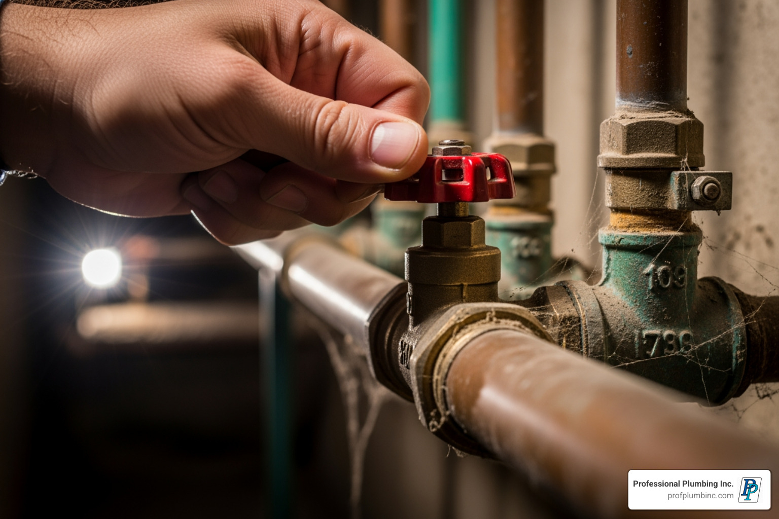 Hand turning a main water shut-off valve in a Costa Mesa home - emergency plumbing costa mesa