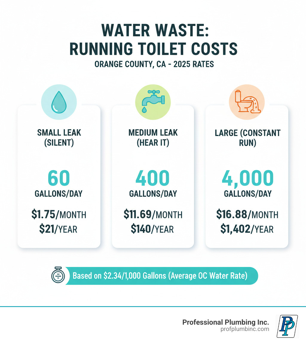 infographic showing monthly and yearly water waste costs from a running toilet at different leak severities, with gallons wasted and dollar amounts for Orange County water rates - cost to fix running toilet infographic 