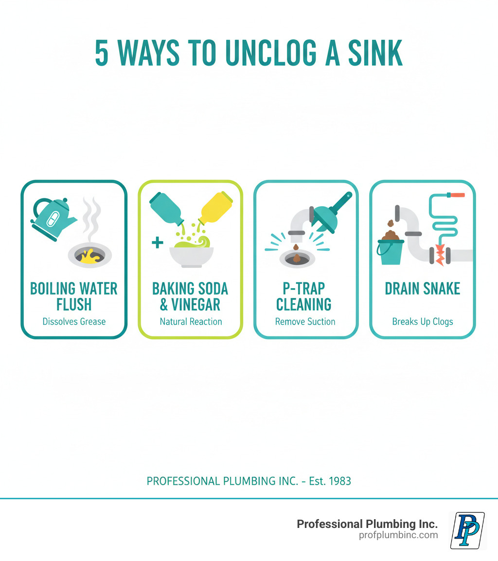 infographic showing five methods to unclog a sink: boiling water flush with kettle icon, baking soda and vinegar with mixing icon, plunger with suction icon, P-trap cleaning with wrench and pipe diagram, and drain snake with auger tool illustration - fix clogged sink infographic 
