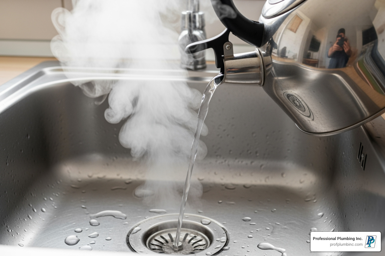 kettle pouring boiling water into a sink drain - fix clogged sink