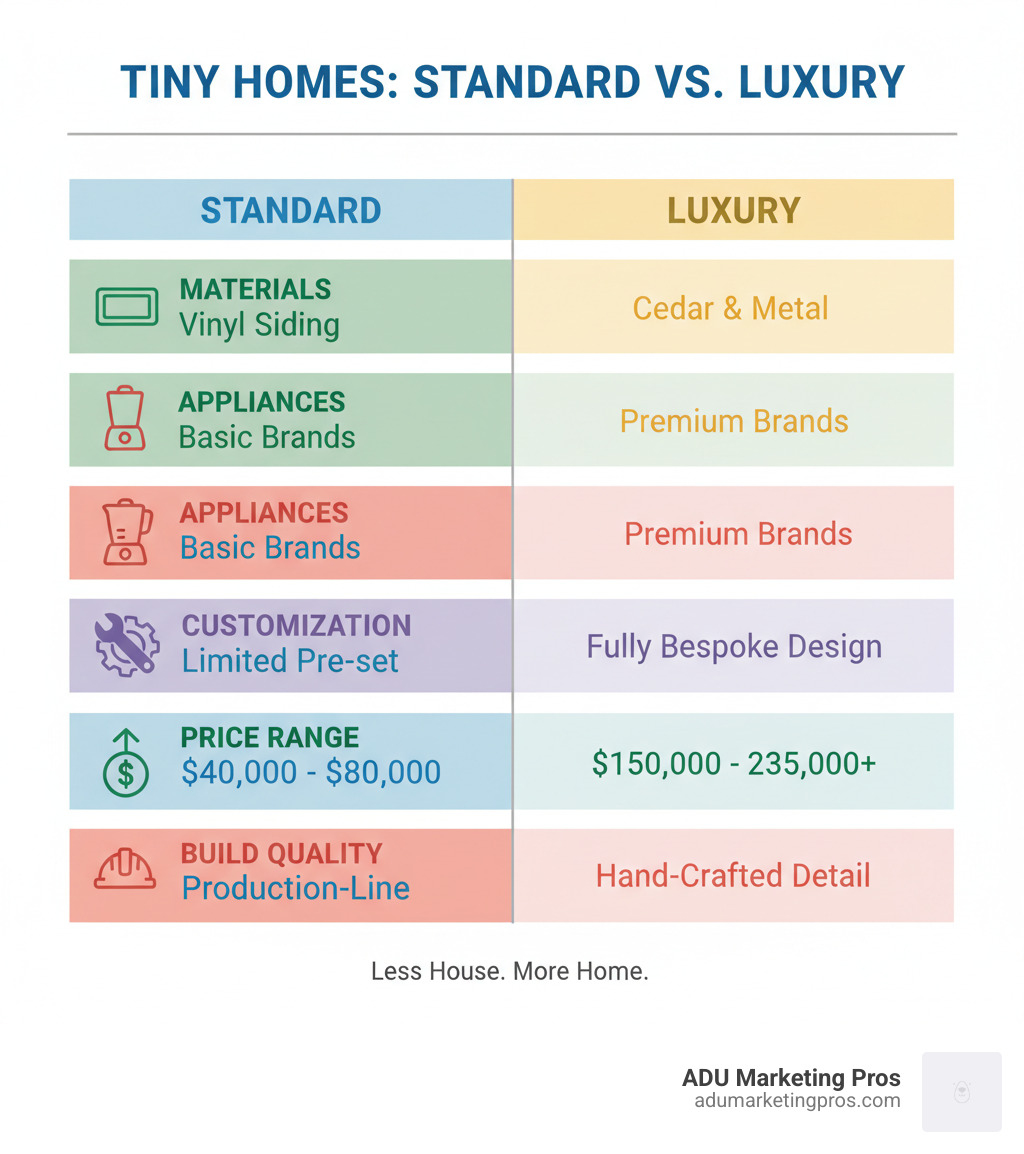 Infographic comparing standard tiny homes versus luxury tiny homes across five categories: materials (vinyl siding vs cedar and metal), appliances (basic vs Wolf and Whirlpool premium brands), customization (limited pre-set options vs fully bespoke design process), price range ($40,000-$80,000 vs $150,000-$235,000+), and construction quality (production-line assembly vs hand-crafted attention to detail) - luxury tiny home builders infographic 
