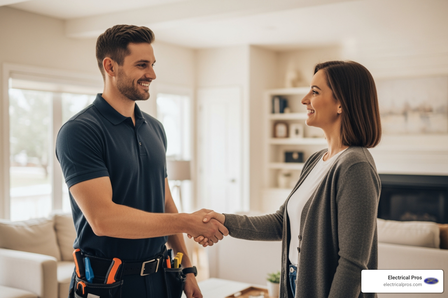 friendly electrician shaking homeowner's hand - 24 hour electrical troubleshooting and repairs in bethlehem, ga